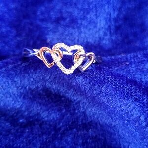 Elegant 925 And 10k Rose Gold  Heart Trio Women's Ring With Diamonds Sz 7